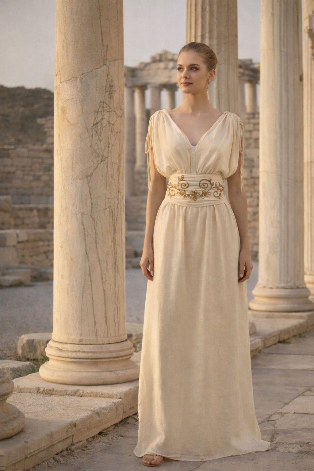 Drapeli Bel Nakışlı Uzun Elbise