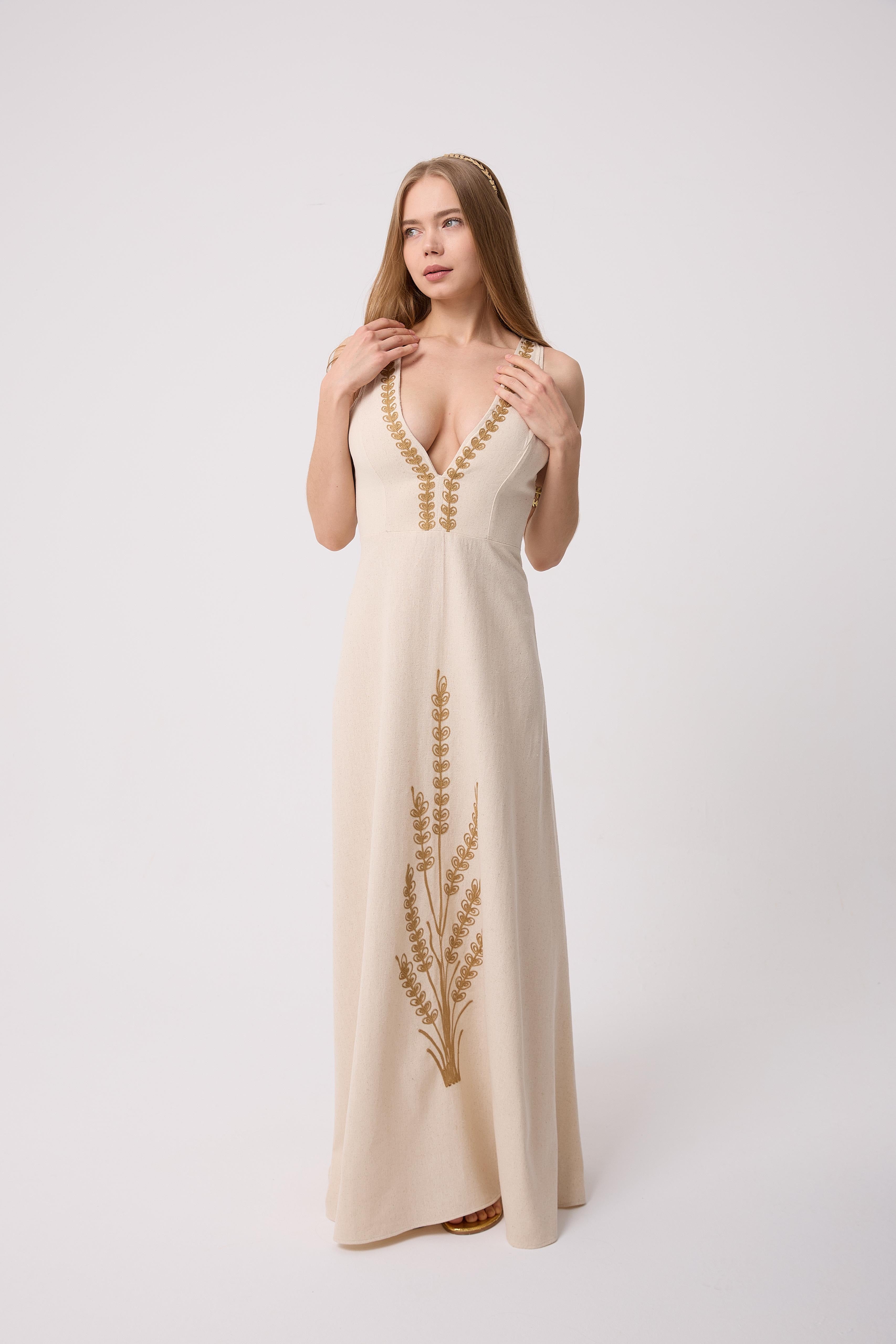 Wheat Embroidered V-Neck Long Dress
