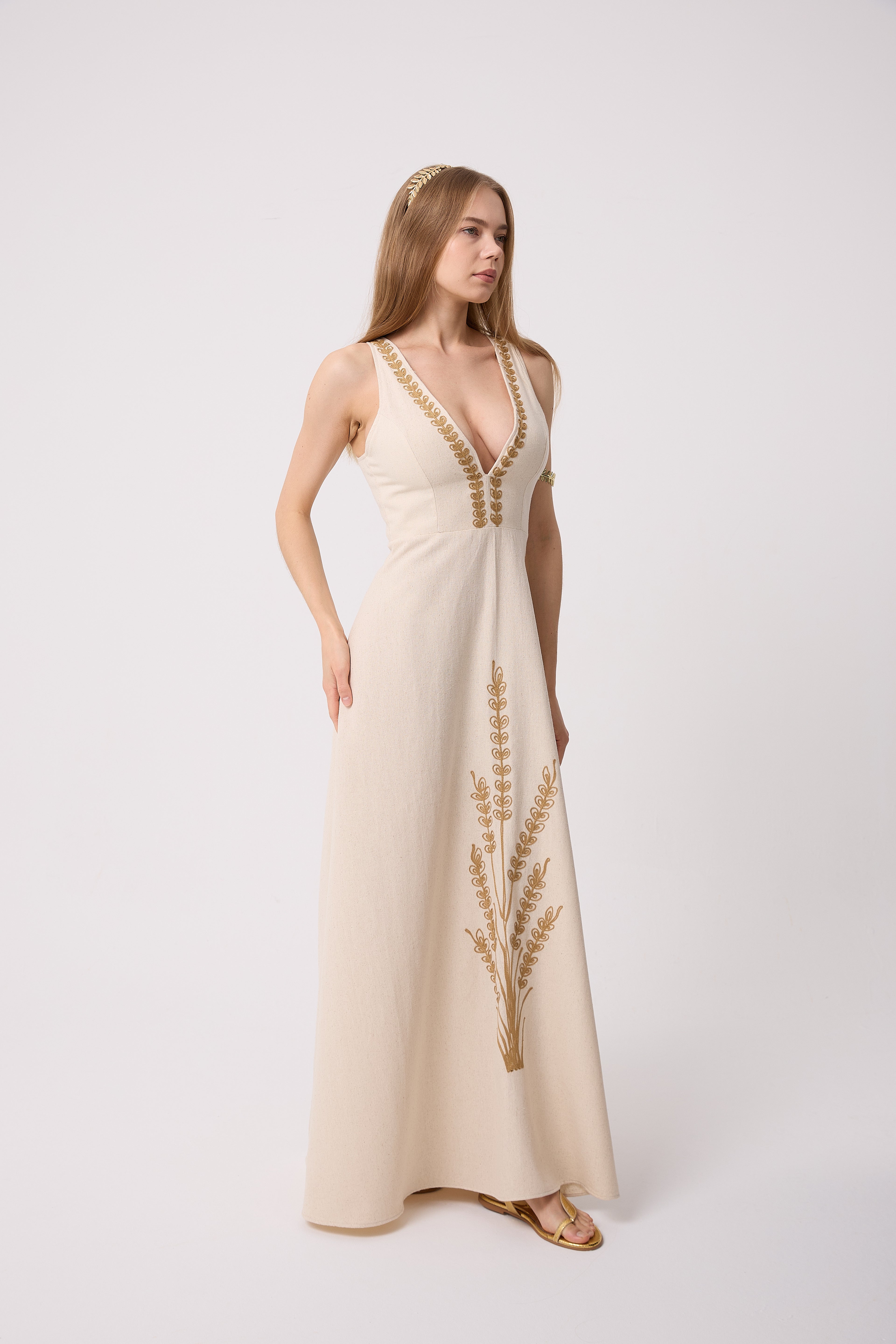 Buğday Nakışlı V Yaka Uzun Elbise