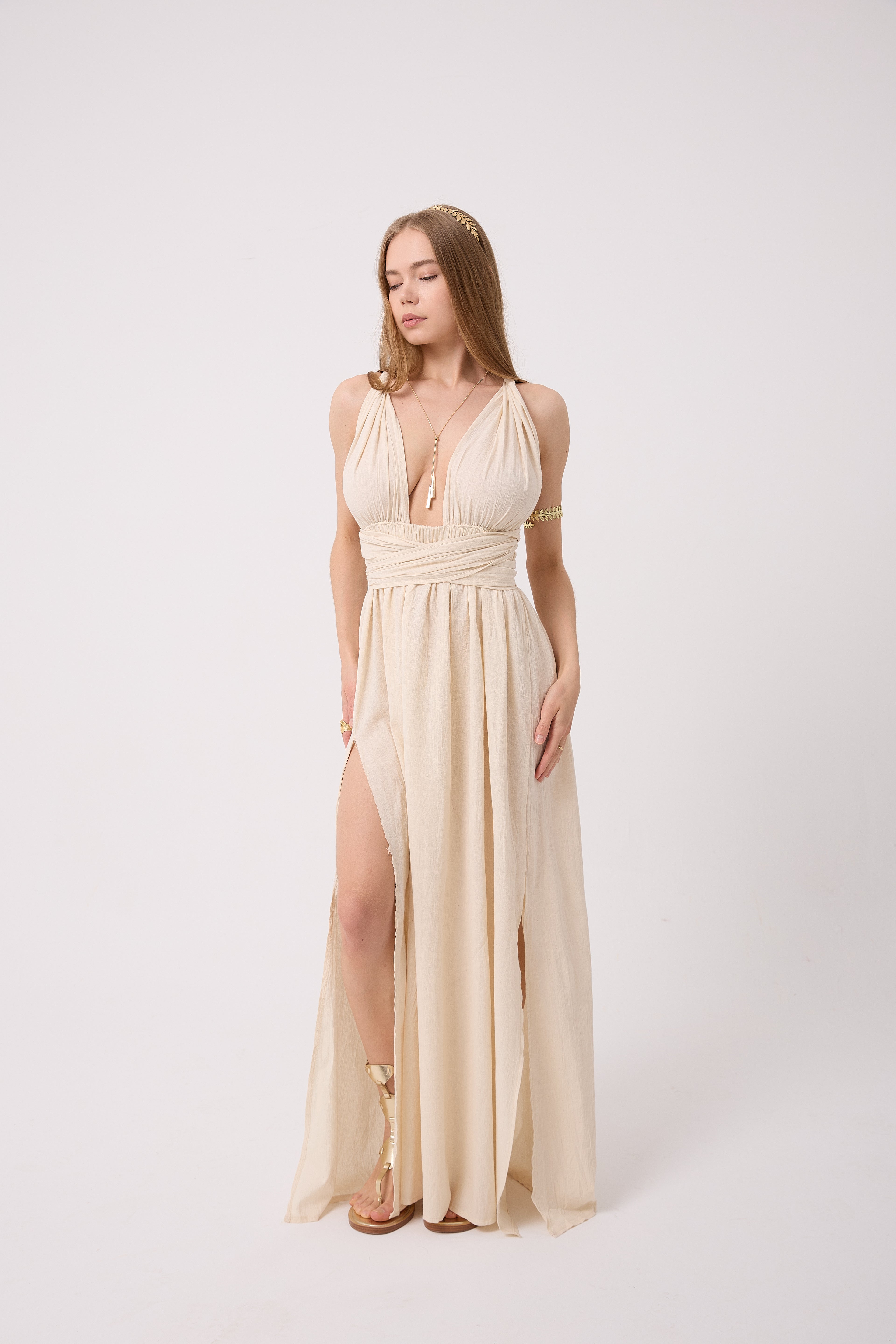 Şile Bezi Drapeli Uzun Elbise