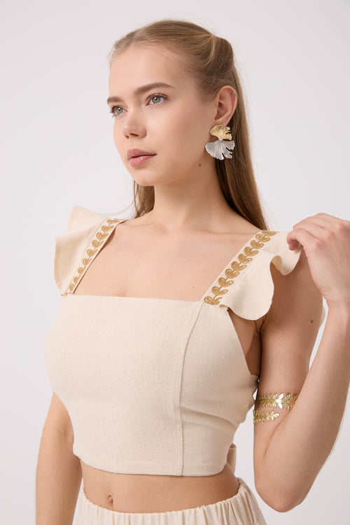 Askıları Buğday Nakışlı Keten Crop