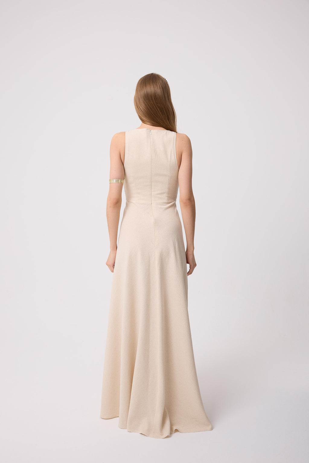 Wheat Embroidered V-Neck Long Dress