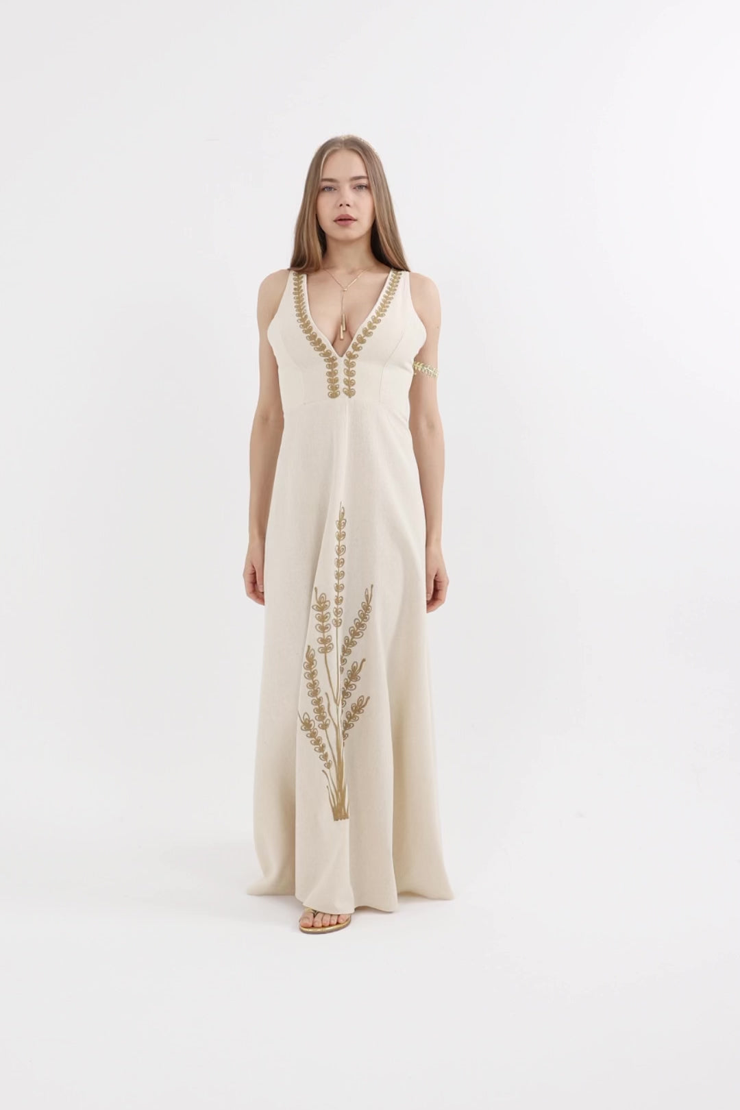 Wheat Embroidered V-Neck Long Dress