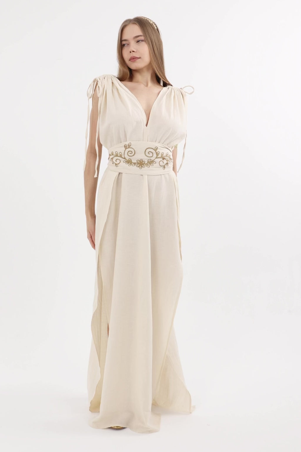 Draped Waist Embroidered Long Dress